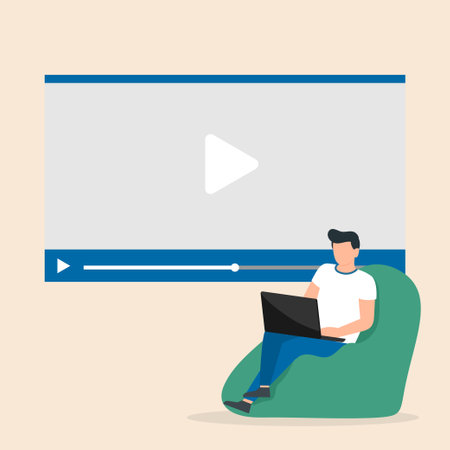 Man watching video. Digital network television live stream entertainment media video player. Online cinema, watching movie. Vector illustration.のイラスト素材