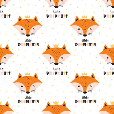 vector seamless pattern with fox faces, repeated texture with forest animal and stars, background with cartoon fox in crown and lettering, scandinavian design, simple ornament for kidsのイラスト素材