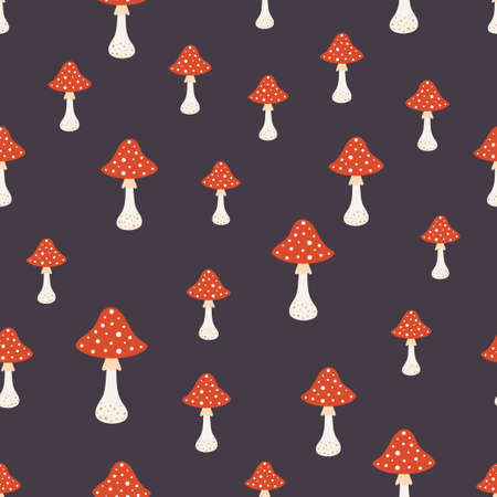 amanita mushroom seamless pattern, simple design, cute red mushrooms with white dots on dark background, vector illustrationのイラスト素材