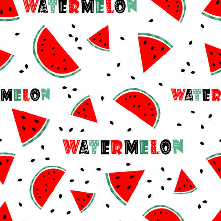 seamless pattern with sliced watermelon pieces, seed and lettering, design elements for kids clothes, card, wallpaper, fabric printのイラスト素材