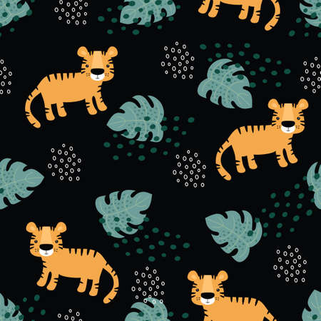 tigers pattern with tropical leaves, vector seamless textureのイラスト素材