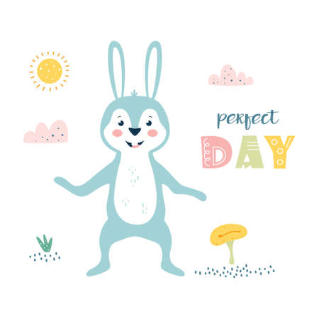 vector illustration of cute funny bunny with lettering perfect day on sun and clouds background, scandinavian style, flat design, concept for children printのイラスト素材