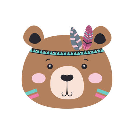 cute cartoon tribal bear with feathers isolated on white background, vector illustration in scandinavian style, bear character nursery print for children clothes, poster for any designのイラスト素材