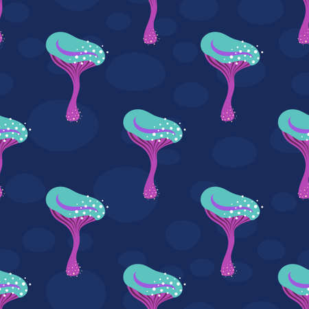 seamless pattern with mushrooms, vector graphics, background with colored mushrooms on darkのイラスト素材