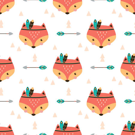 seamless pattern with cute tribal fox, cartoon kids background, vector illustrationのイラスト素材