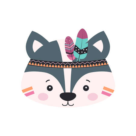 cartoon skunk indian, vector illustration of cute skunk in headdress with feathers, vector illustration with animal for childrenのイラスト素材