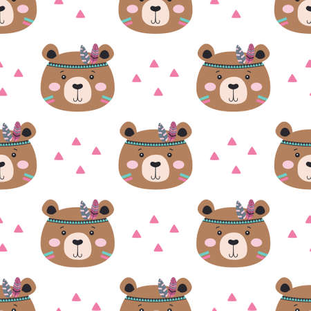 tribal seamless pattern with cartoon bears, geometric print, ethnic background with cute animals, vector illustrationのイラスト素材