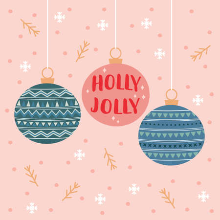 winter holidays card with christmas balls on pink background, poster with cartoon colorful christmas balls, vector illustrationのイラスト素材