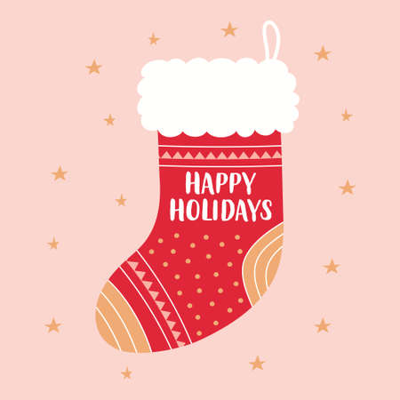 greeting card for winter holidays with christmas sock, red stocking on pink background, symbol of the new yearのイラスト素材