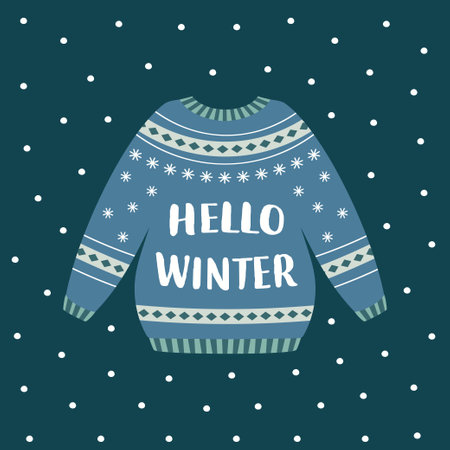 illustration of blue winter sweater with lettering hello winter, funny holiday background, bright winter card, ugly sweaterのイラスト素材