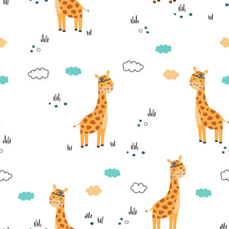 seamless pattern with cute giraffes and doodle elements on white background, simple vector illustration in scandinavian styleのイラスト素材