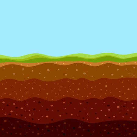 surface horizons upper layer of earth structure with mixture of organic matter, minerals, dirt and underground clay layer under green grass, structure of soil layersのイラスト素材