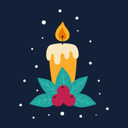 christmas candle and berries isolated on white background, burning wax candle, winter vector illustration, flat designのイラスト素材