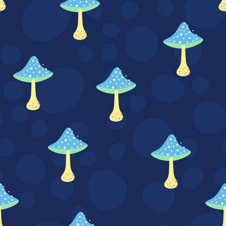seamless pattern with magic mushrooms on dark background, vector illustration of mystical colored plants, creative printのイラスト素材