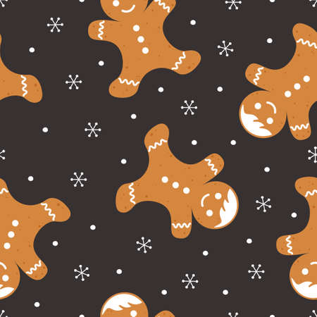 seamless christmas pattern with gingerbread man on dark background, vector illustrationのイラスト素材