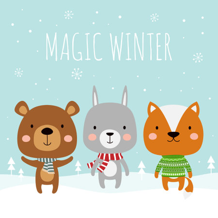winter greeting card of cartoon cute animals, children vector illustration with rabbit, fox and bear in scarf and sweater on snow background, merry christmas and happy new year posterのイラスト素材
