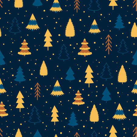 winter seamless pattern with cute fir trees on dark blue background, christmas wallpaper, winter...