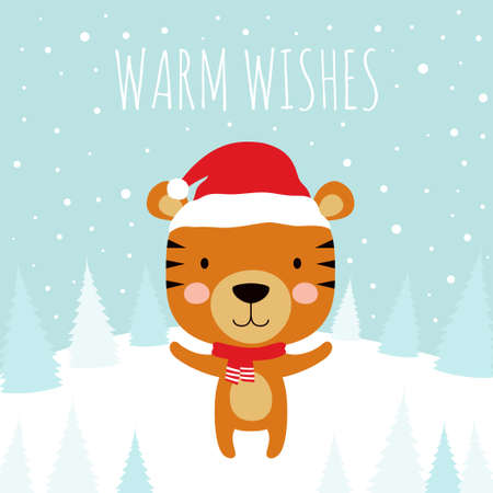 winter greeting card of cartoon cute animal, children vector illustration with tiger in scarf and santa claus hat on snow and fir trees background, merry christmas and happy new year posterのイラスト素材