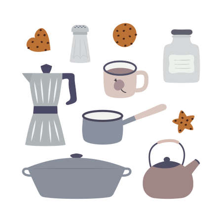 Set of kitchen utensil. Kitchenware collection. cooking tools, utensils, cutlery. Vector illustration isolated on white background.のイラスト素材
