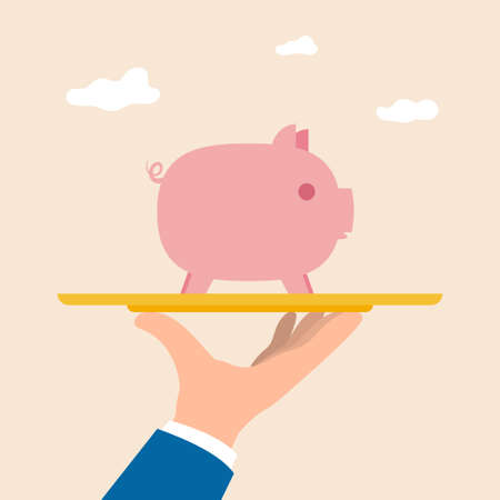 Hand holding tray which have piggy bank. Business loan, mutual funds and financial solution concept. Vector illustration.のイラスト素材