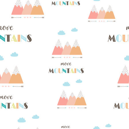 cute tribal mountains seamless pattern in scandinavian style, vector illustration, mountains with clouds, lettering and arrowsのイラスト素材