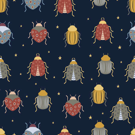seamless pattern with beetles and insects on dark background, wallpaper in boho styleのイラスト素材