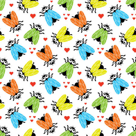 seamless fly pattern isolated on white background, flat vector illustration with colored insects and heartsのイラスト素材