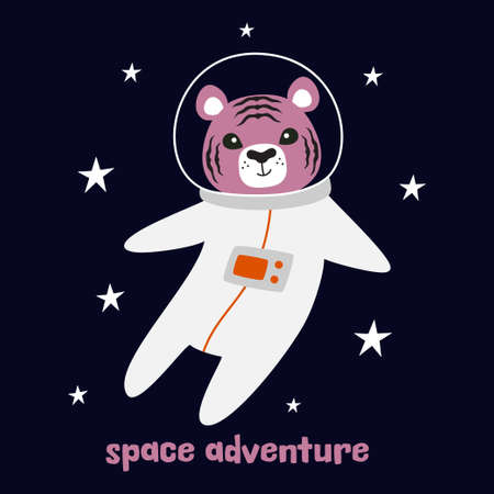 cute cartoon striped tiger, astronaut tiger in space, greeting card for childrenのイラスト素材