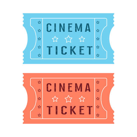 two cinema vector tickets isolated on white background, vintage film tickets, colorful vector illustrationのイラスト素材