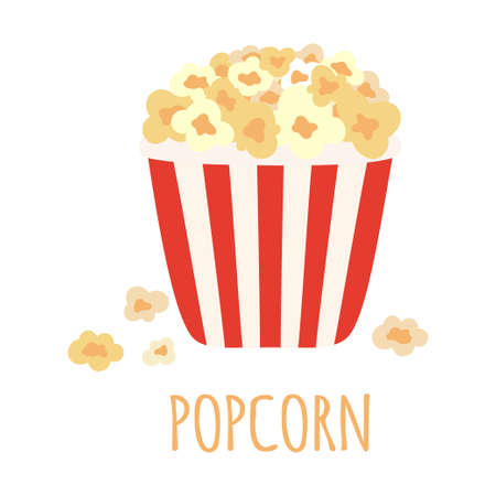 popcorn in striped tub isolated on white background, vector illustrationのイラスト素材