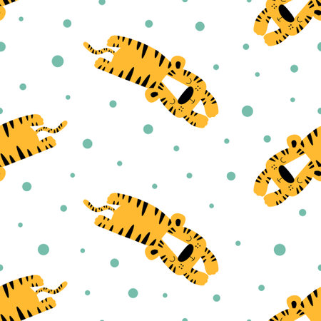seamless pattern with cartoon tiger, cute animals with black stripes on white background, children print for textile, fabric, wallpaper, paperのイラスト素材