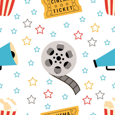 vector seamless pattern with cartoon cinema reel, popcorn, ticket and loudspeaker on stars background, movie designのイラスト素材