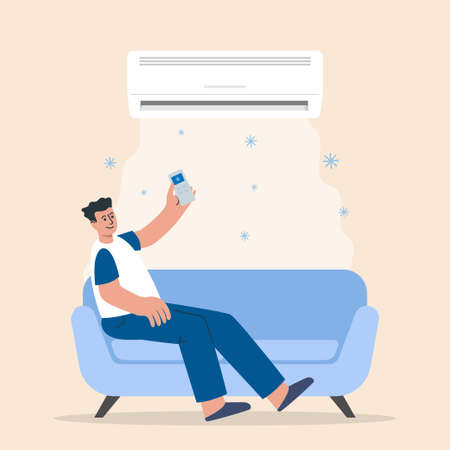 Man turns on the air conditioner cools the air while sitting on the sofa in the room. Home air conditioning, concept of air cooling and climate control. Vector illustrations.のイラスト素材