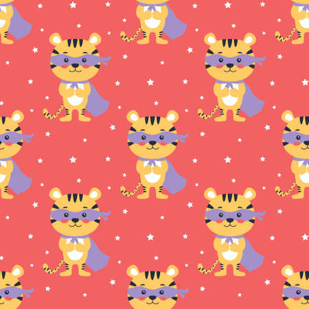 hero tiger seamless pattern, vector illustration with animal in super hero mask and cape on stars backgroundのイラスト素材