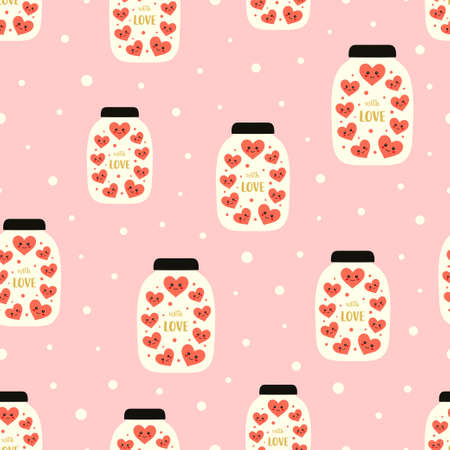valentines day and february 14 seamless pattern of bottles with hearts on pink background, vector illustrationのイラスト素材