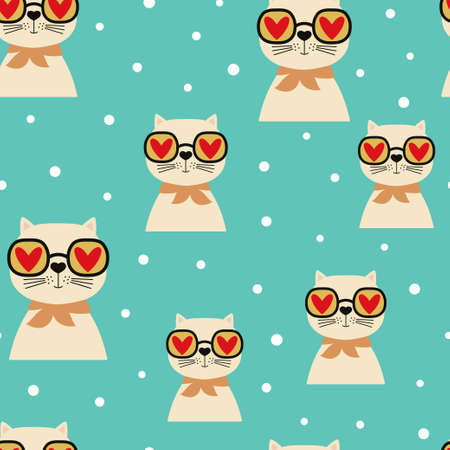 seamless pattern with cute cartoon cat in glass with hearts, simple design for valentines dayのイラスト素材
