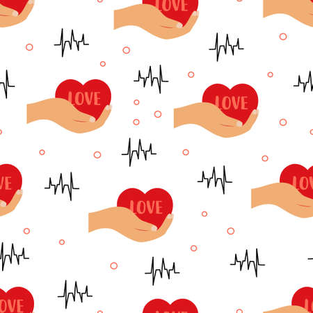 seamless pattern with arm holding red heart, vector illustration for valentines day, romantic backgroundのイラスト素材