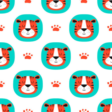 seamless pattern with cute faces tiger, muzzles tiger cub with traces in cartoon styleのイラスト素材