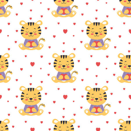 seamless pattern with cute tiger and heart isolated on white background, vector illustration in flat styleのイラスト素材