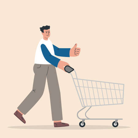 Man pushing empty trolley cart guy customer shopping. Buying items on sale. vector illustrationのイラスト素材