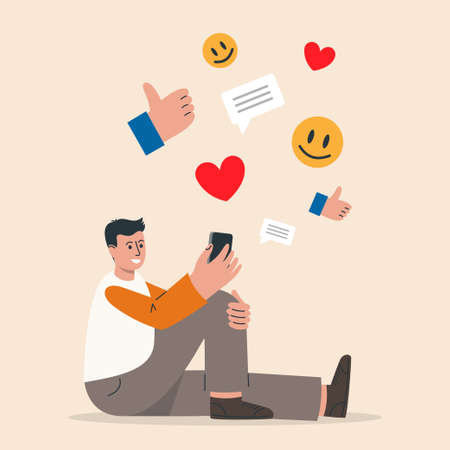 Man bringing likes and reactions to a social media profile on a smartphone. Social media platform, online social communication applications concept, emoji, hearts, chat. vector illustrationのイラスト素材