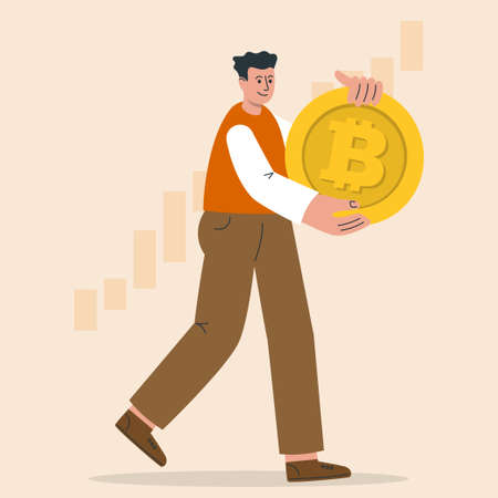 Man investing in bitcoin. Bitcoin and crypto price rising up, mass adoption concept. Business concept in crypto exchange. vector illustrationのイラスト素材