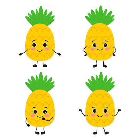 set of cute pineapples in cartoon style, funny fruit with happy emotions, vector illustration in flat styleのイラスト素材