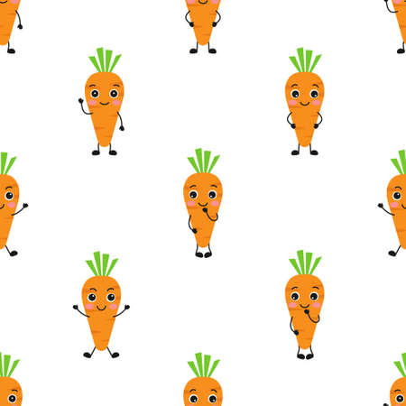 vector seamless pattern of cartoon carrots in flat style, illustration of carrots with kawaii face isolated on white background, design with easter elementsのイラスト素材