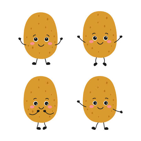 cute cartoon potato characters set in flat style, vector illustration for kids, funny smiles or emoticons isolated on white backgroundのイラスト素材