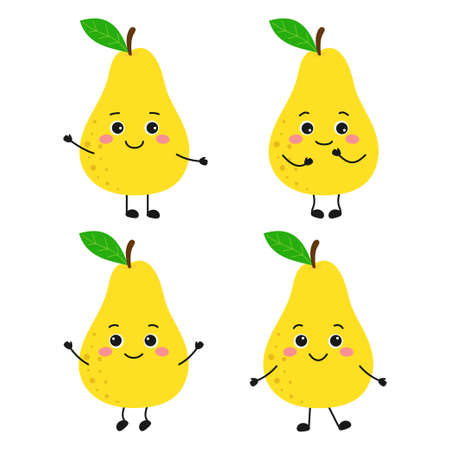 vector illustration of funny pear character with cute expression face, set of cartoon fruit isolated on white background, flat styleのイラスト素材