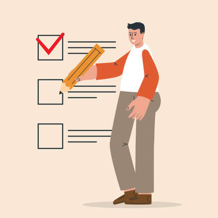 Man holding pencil, putting checkmark in checkbox. Person put ticks, all done, tasks completed. Questionnaire, voting, fill form concept. vector illustration.のイラスト素材