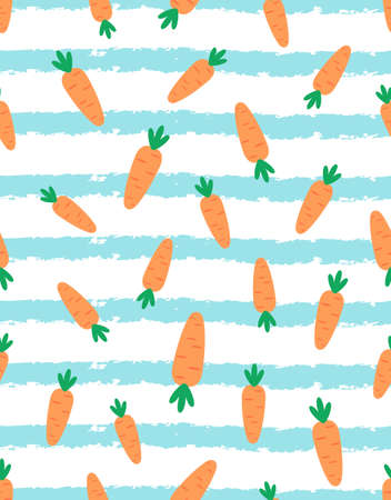 vector seamless pattern with carrots on blue stripes background, cute cartoon easter illustration, flat styleのイラスト素材