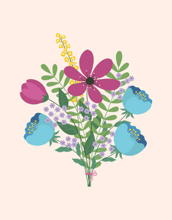 cartoon card with bouquet of colors flowers for greetings, beautiful spring flowers with bow, vector festive illustration in flat styleのイラスト素材