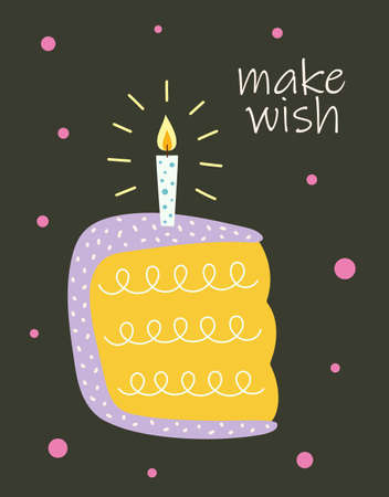 cute birthday greeting vector card, cartoon colored cake with candle and lettering make wish on black backgroundのイラスト素材